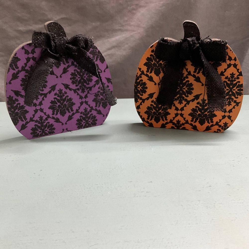 Halloween Wooden Pumpkin Decor Set Purple Orange Damask Glitter Burlap Bows 2pc